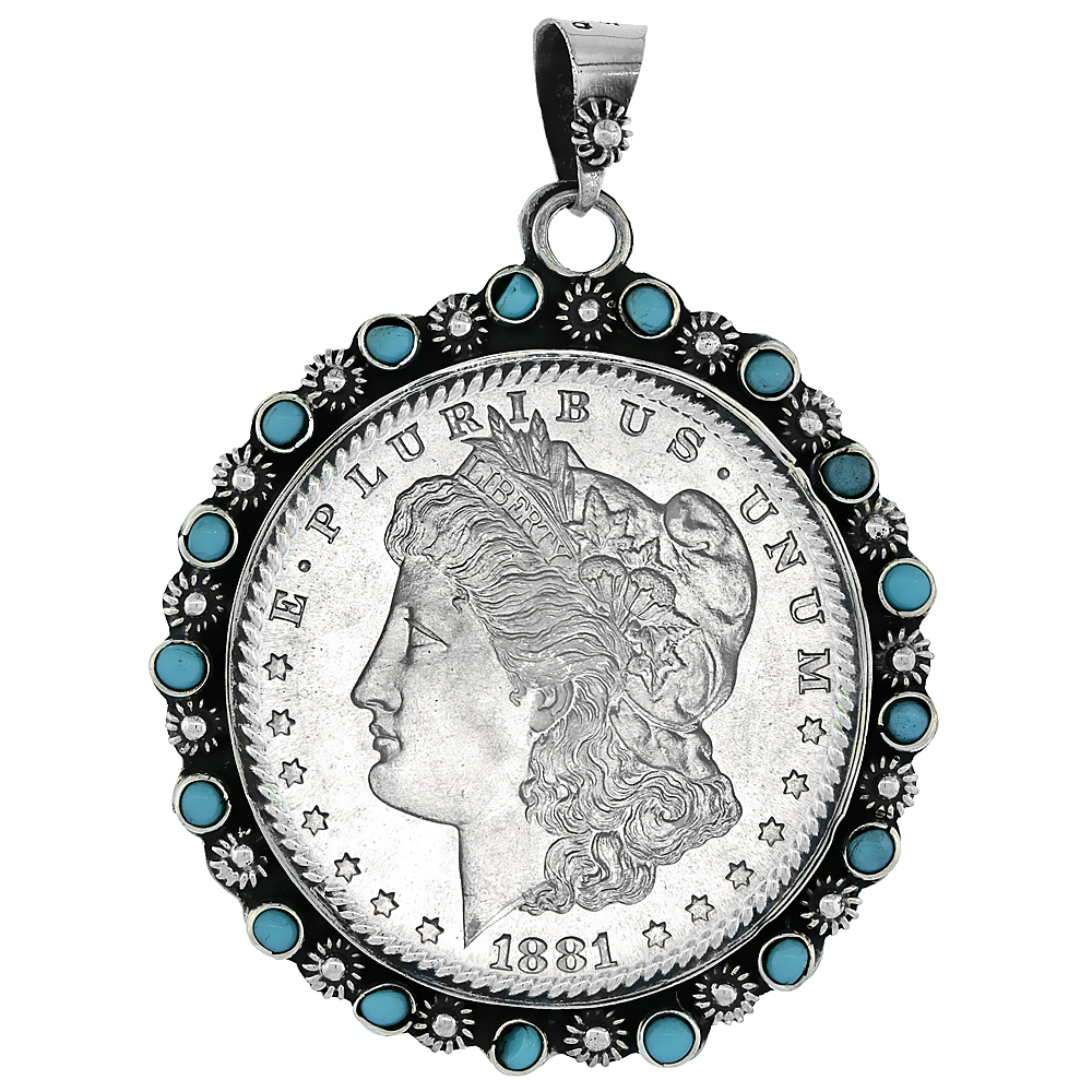 STERLING SILVER DOLLAR BEZEL 38 MM COINS PRONG BACK FLOWER EDGE BLUE BEADS MEXICAN OLYMPIC ONE DOLLAR COIN NOT INCLUDED