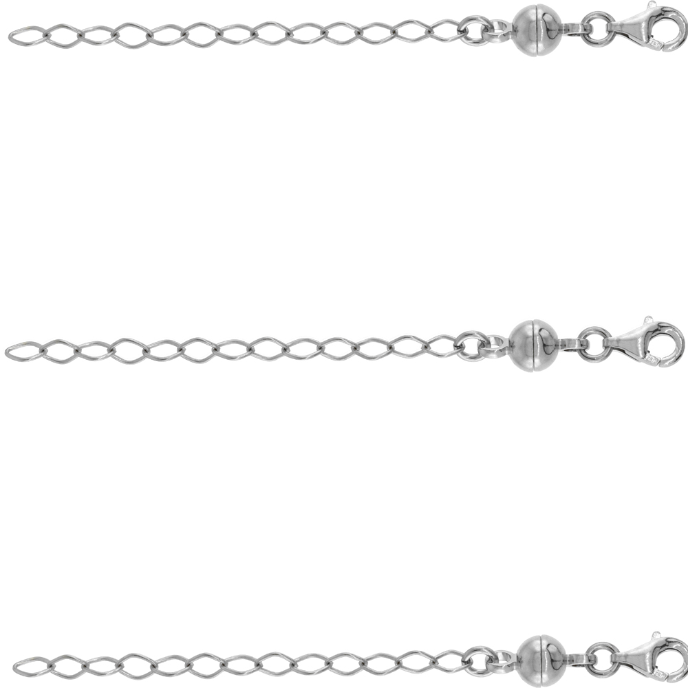 3 PACK STERLING SILVER 6 MM MAGNETIC BALL CLASP CONVERTER RHODIUM FINISH 2 INCH EXTENTION, SMALL SIZE