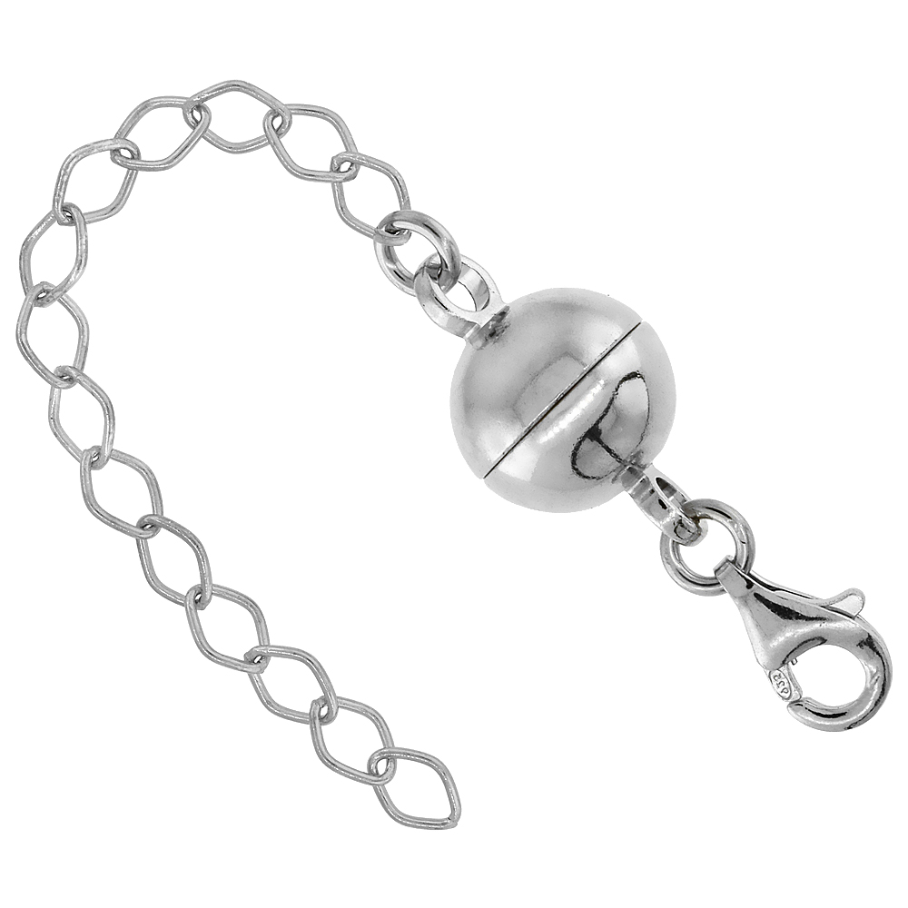 STERLING SILVER 10 MM MAGNETIC BALL CLASP CONVERTER RHODIUM FINISH 2 INCH EXTENTION, LARGE