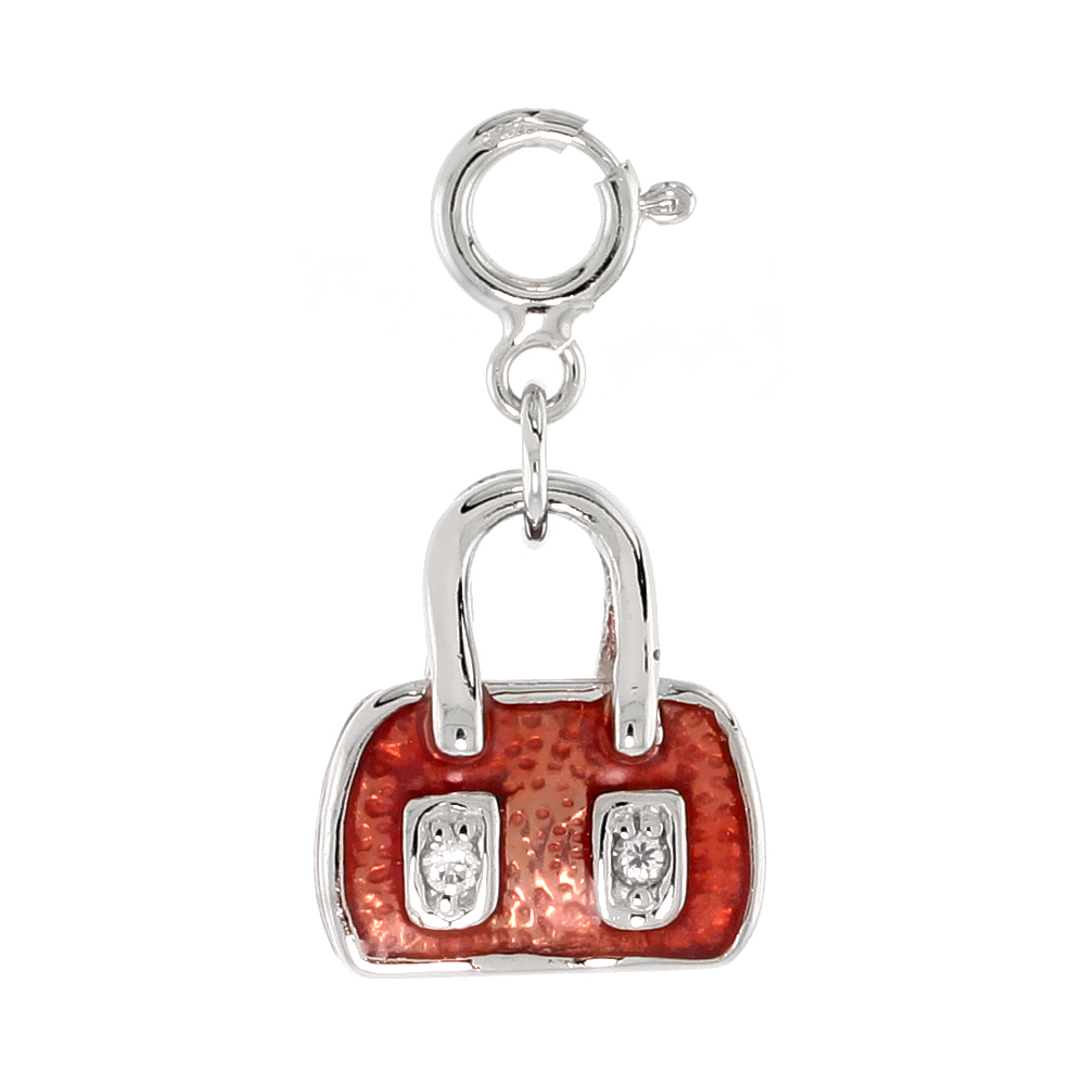 STERLING SILVER ENAMEL ORANGE-RED PURSE CHARM WITH CLASP FOR BRACELETS WOMEN CZ ACCENT 9/16 INCH