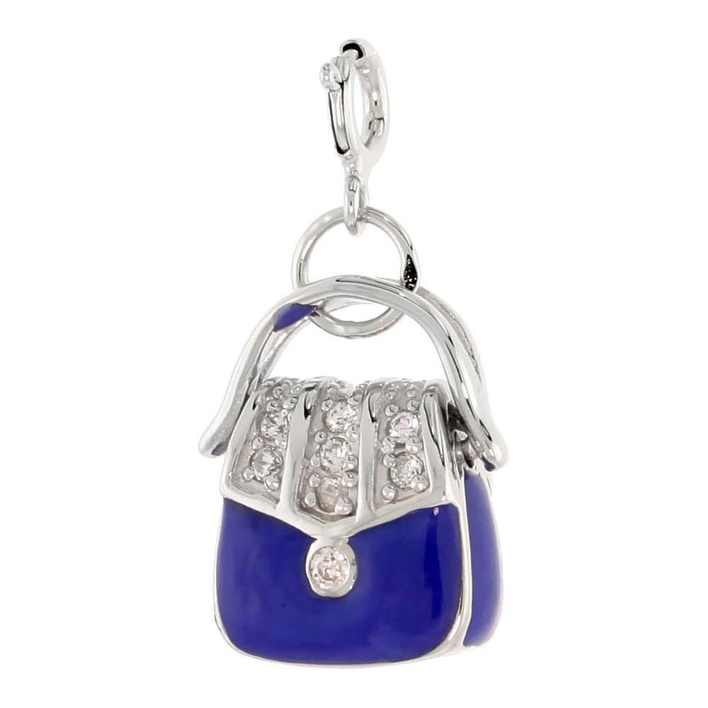 STERLING SILVER ENAMEL BLUE PURSE CHARM WITH CLASP FOR BRACELETS WOMEN CZ ACCENT 13/16 INCH