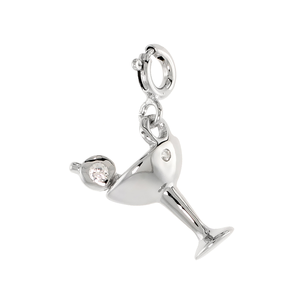 STERLING SILVER CUBIC ZIRCONIA JEWELED MARTINI GLASS CHARM WITH CLASP FOR BRACELETS WOMEN 11/16 INCH