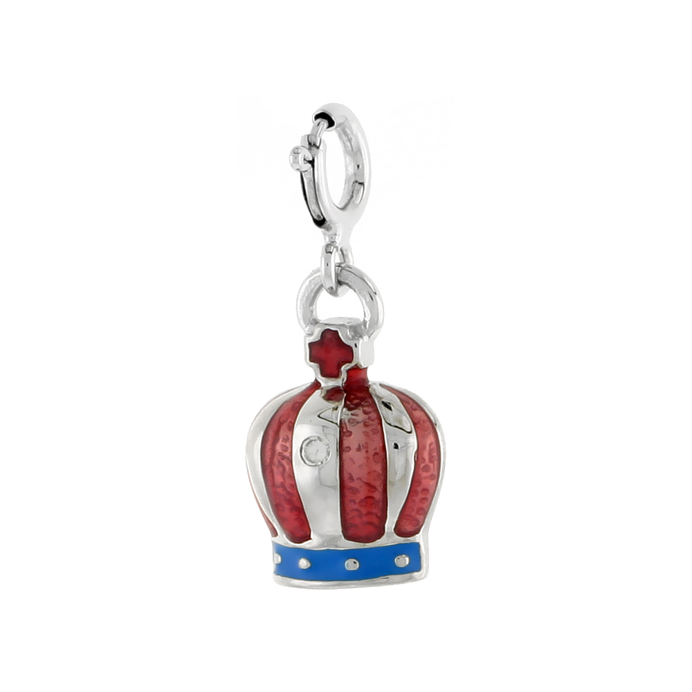 STERLING SILVER ENAMEL RED WHITE BLUE CROSS & CROWN CHARM WITH CLASP FOR BRACELETS WOMEN 5/8 INCH