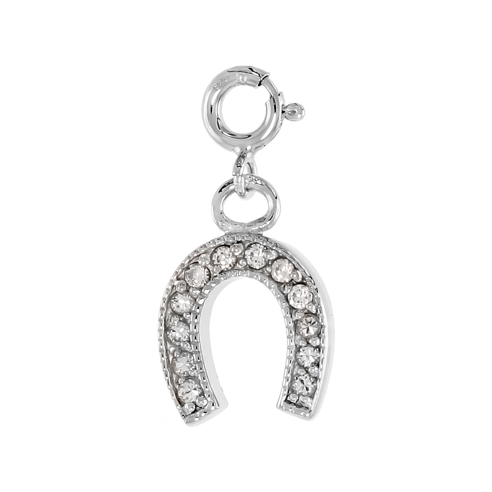STERLING SILVER CUBIC ZIRCONIA JEWELED HORSESHOE CHARM WITH CLASP FOR BRACELETS WOMEN 11/16 INCH
