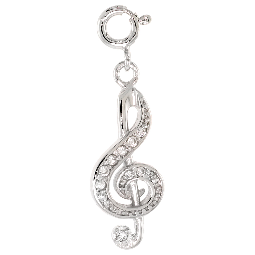 STERLING SILVER CUBIC ZIRCONIA JEWELED G CLEF CHARM WITH CLASP FOR BRACELETS WOMEN 1 INCH