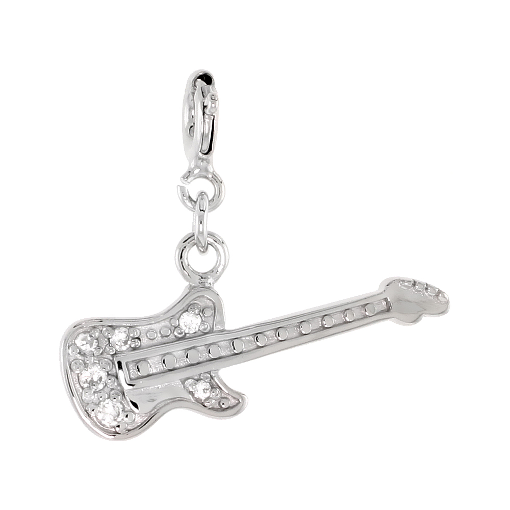 STERLING SILVER CUBIC ZIRCONIA ELECTRIC GUITAR CHARM WITH CLASP FOR BRACELETS WOMEN 1/2 INCH