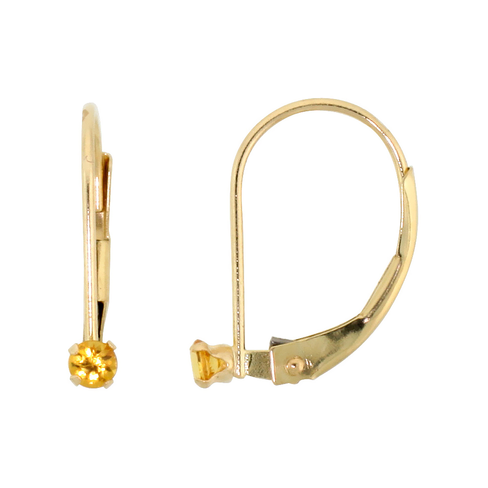 10K YELLOW GOLD NATURAL CITRINE LEVERBACK EARRINGS 2MM BRILLIANT CUT NOVEMBER BIRTHSTONE, 9/16 INCH LONG