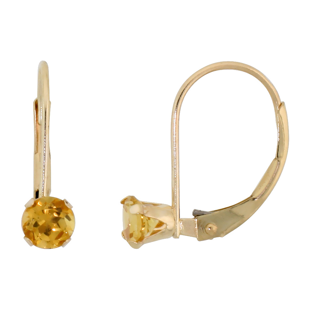 10K YELLOW GOLD NATURAL CITRINE LEVERBACK EARRINGS 1/2 CT BRILLIANT CUT NOVEMBER BIRTHSTONE, 9/16 INCH LONG