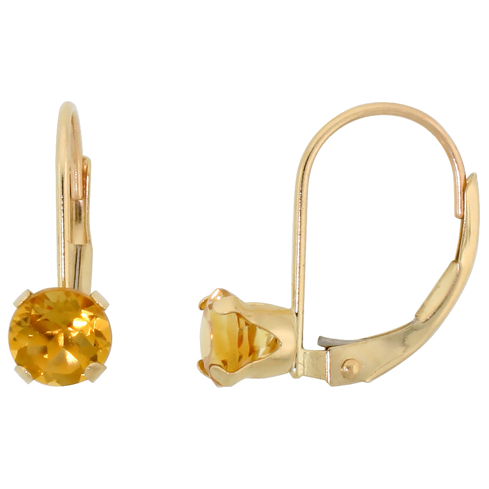 10K YELLOW GOLD NATURAL CITRINE LEVERBACK EARRINGS 5MM BRILLIANT CUT NOVEMBER BIRTHSTONE, 9/16 INCH LONG