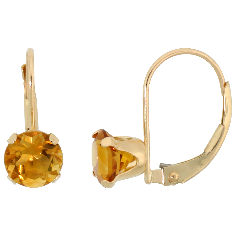10K YELLOW GOLD NATURAL CITRINE LEVERBACK EARRINGS 6MM BRILLIANT CUT NOVEMBER BIRTHSTONE, 9/16 INCH LONG