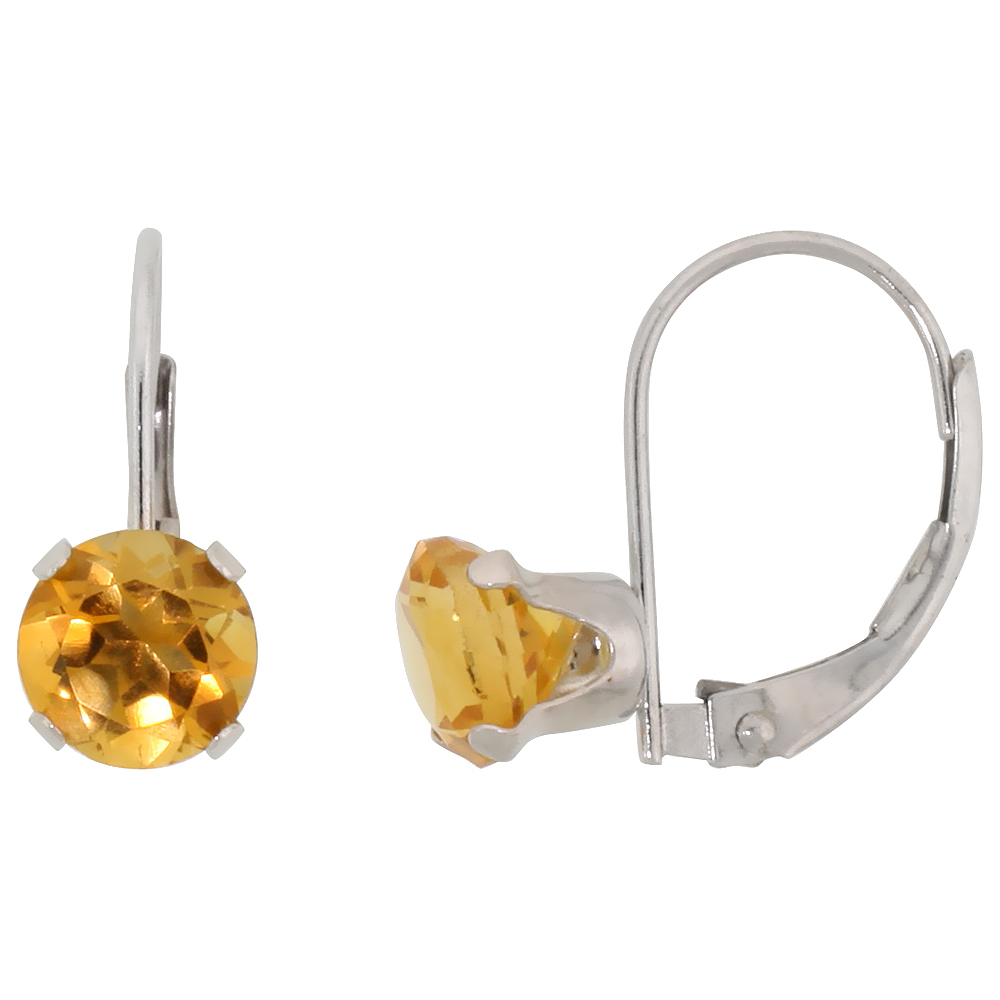 10K WHITE GOLD NATURAL CITRINE LEVERBACK EARRINGS 6MM BRILLIANT CUT NOVEMBER BIRTHSTONE, 9/16 INCH LONG