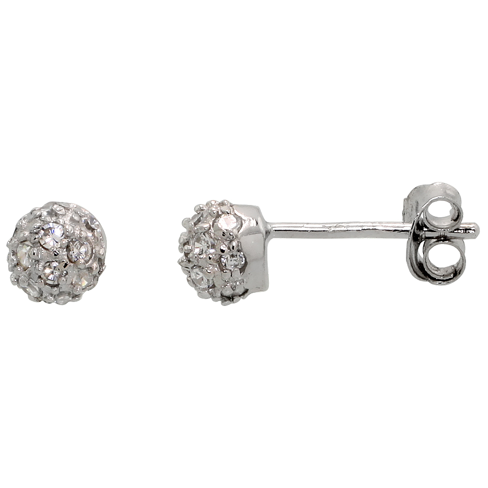 STERLING SILVER TINY ROUND STUD EARRINGS BRILLIANT CUT CZ STONES, 3/16 INCH