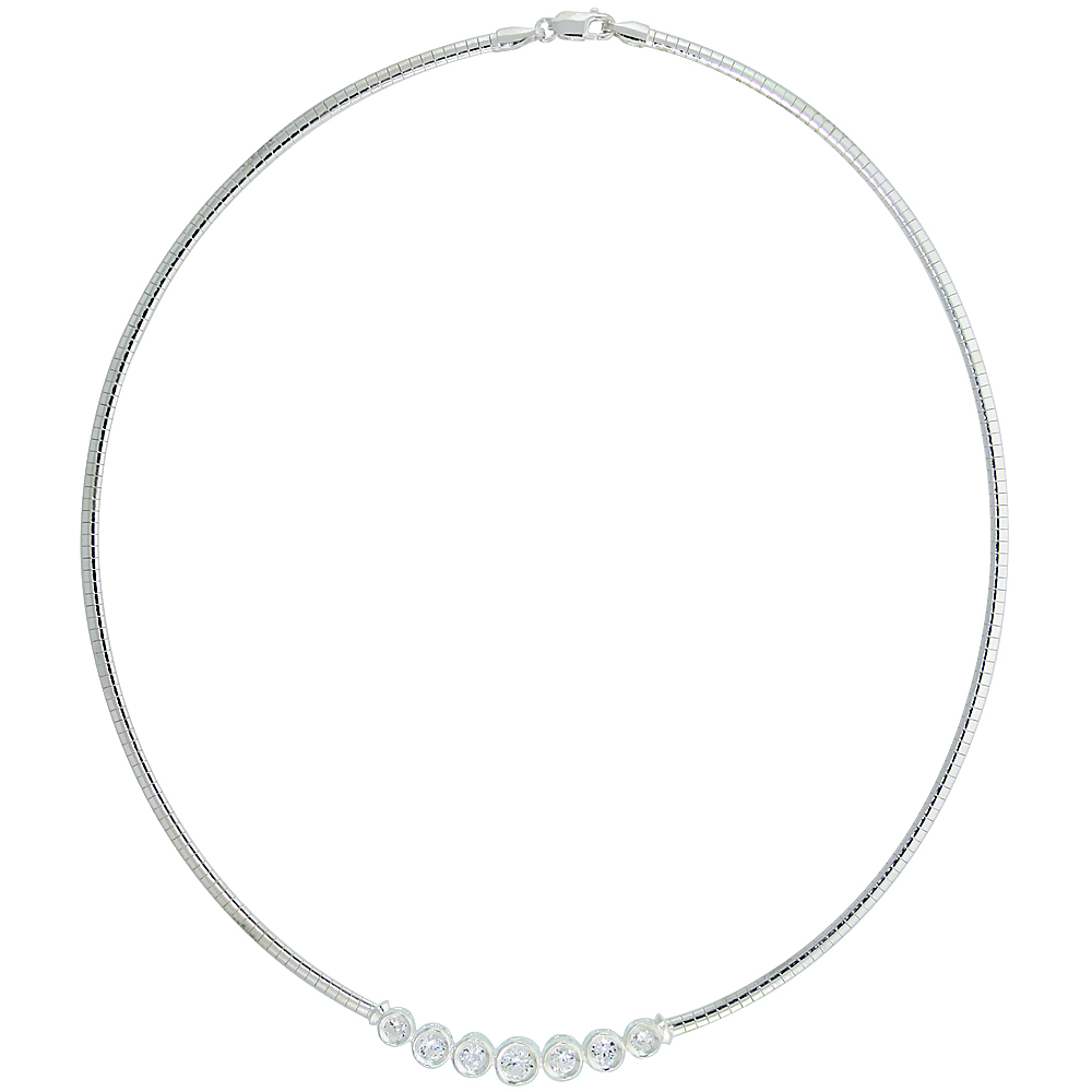 STERLING SILVER 3MM CUBETTO NECKLACE WITH ROUND BEZEL SET CUBIC ZIRCONIA, 16 INCH LONG