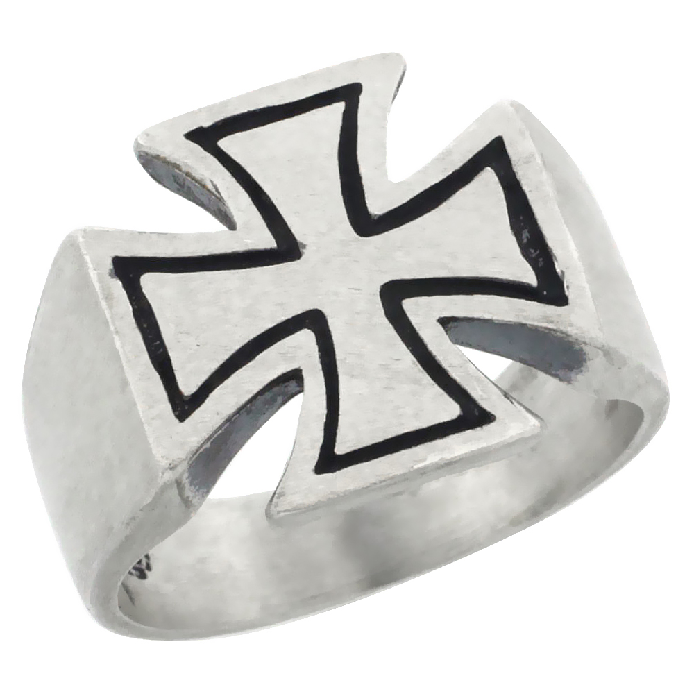 STERLING SILVER MALTESE CROSS RING FOR MEN 9/16 INCH WIDE SATIN FINISH
