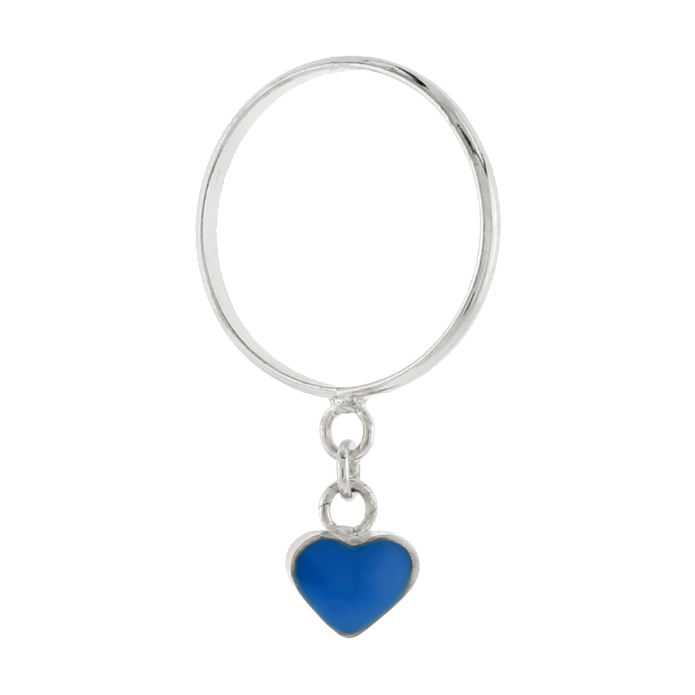 Sterling silver Blue Enamel Tiny Dangling Heart Charm Ring for Women 1/16 inch sizes 2-8