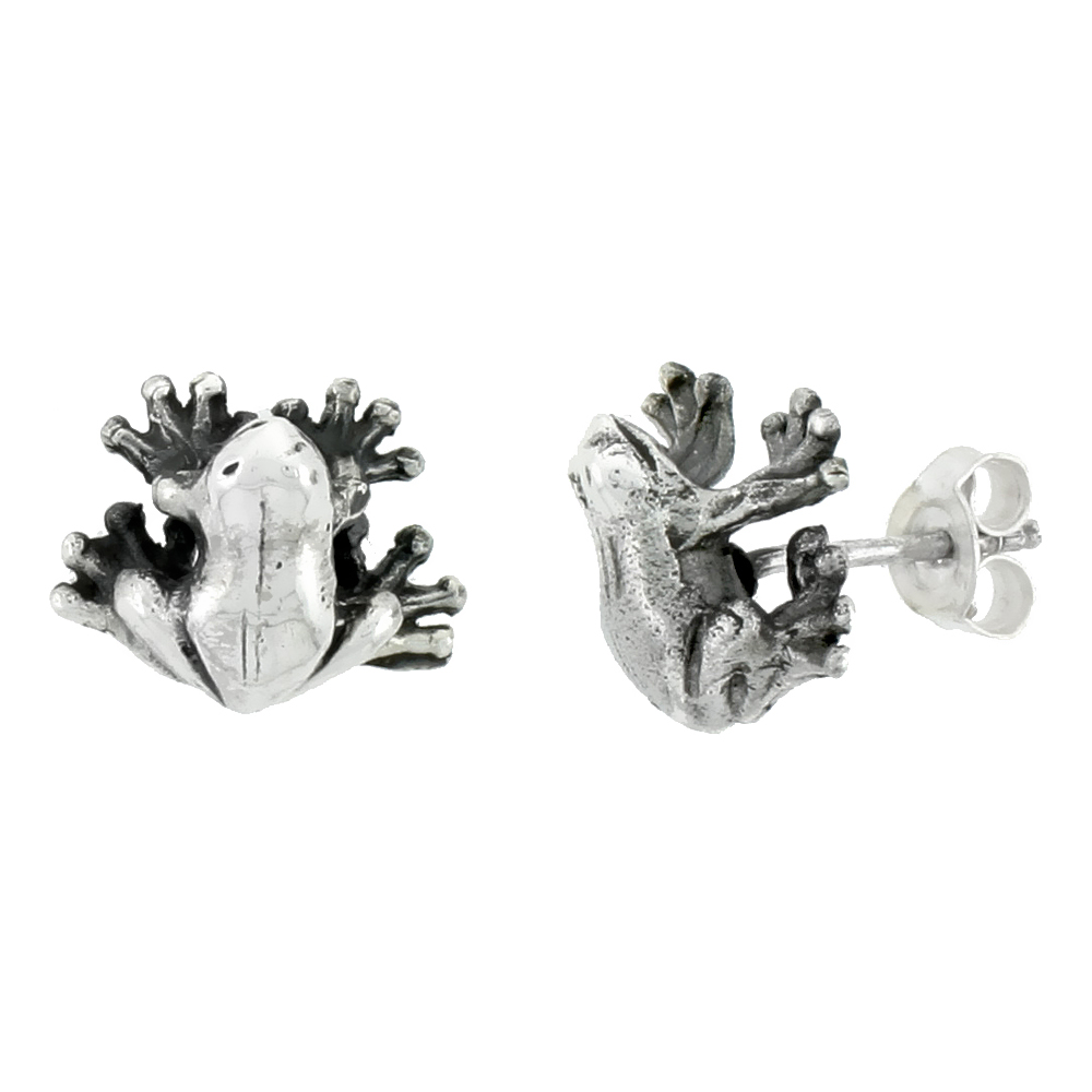 STERLING SILVER TINY FROG STUD EARRINGS, 7/16 INCH TALL
