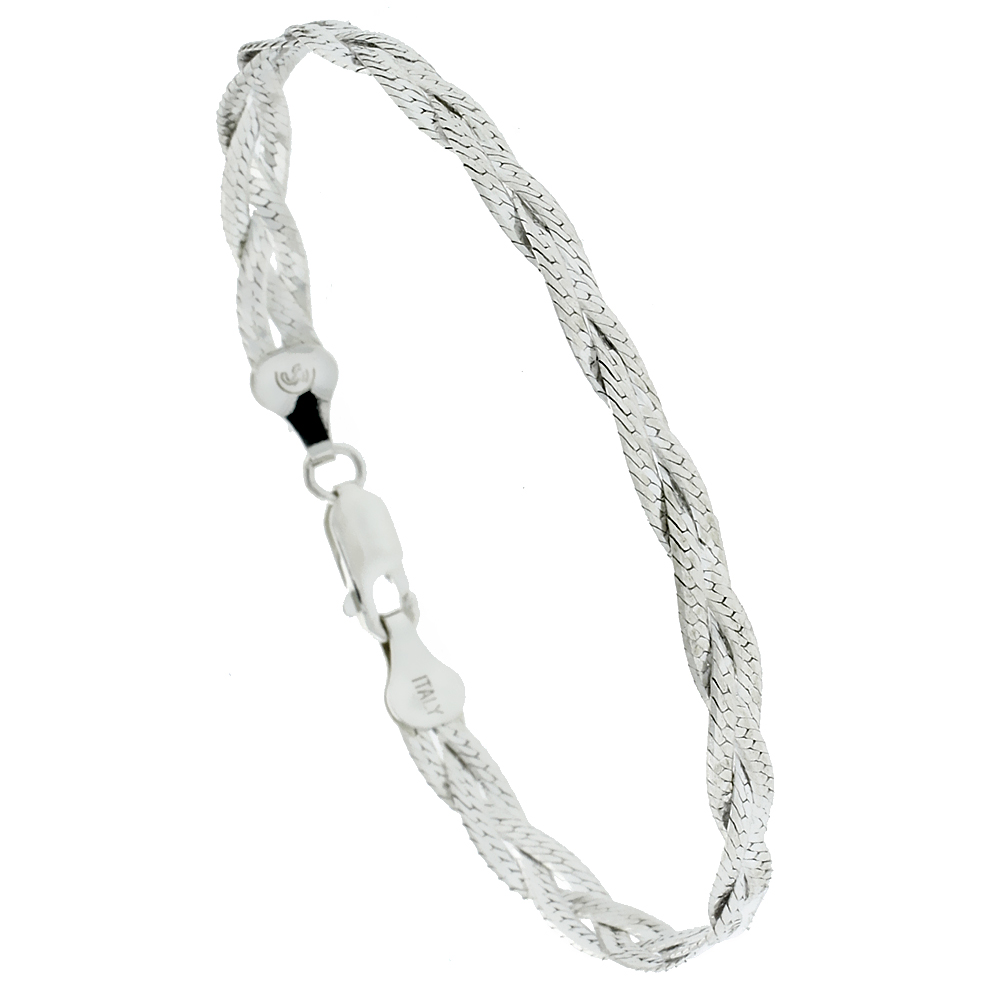 STERLING SILVER 3-STRAND BRAIDED HERRINGBONE BRACELET, 3/16 INCH