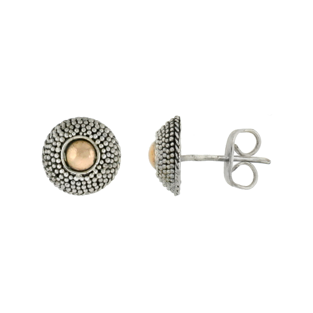 STERLING SILVER STUD EARRINGS, ACCENTED REAL 18K GOLD, 5/16 INCH TALL