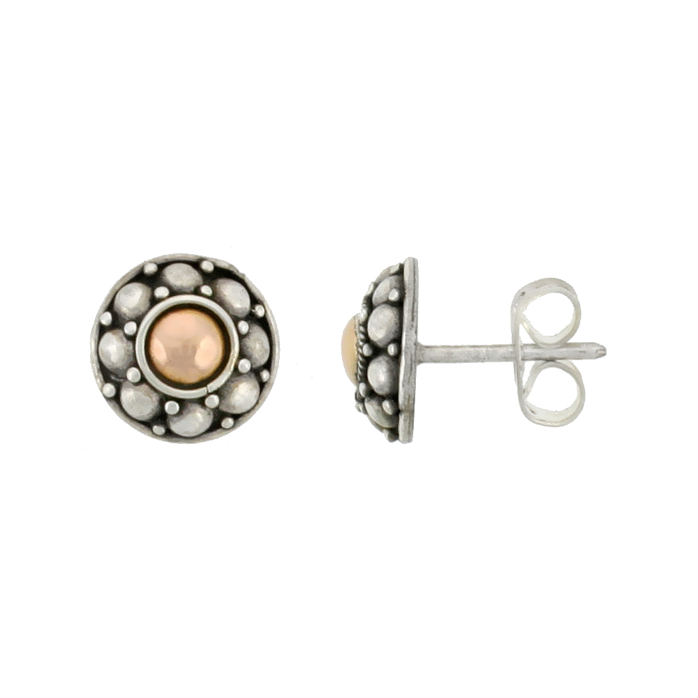 STERLING SILVER FLOWER STUD EARRINGS, ACCENTED REAL 18K GOLD, 5/16 INCH TALL