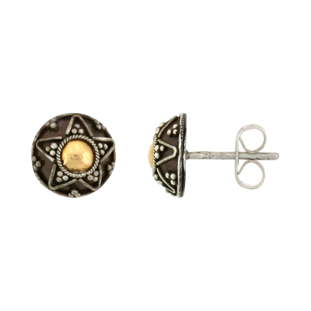 STERLING SILVER STAR STUD EARRINGS, ACCENTED REAL 18K GOLD, 3/8 INCH TALL