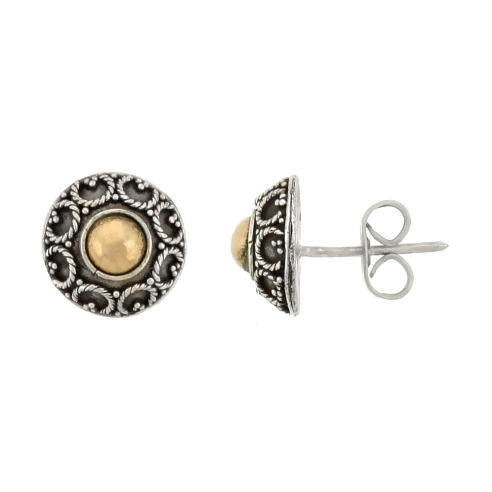 STERLING SILVER FLOWER STUD EARRINGS, ACCENTED REAL 18K GOLD, 3/8 INCH TALL