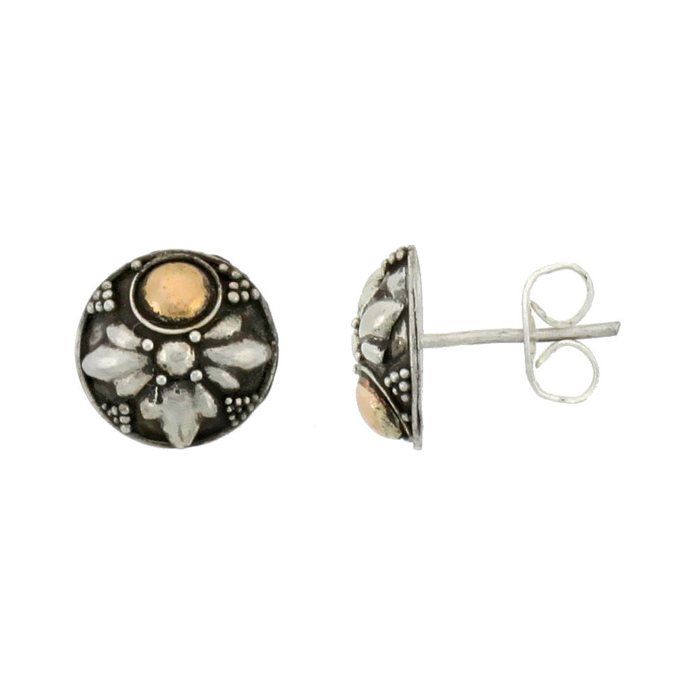STERLING SILVER FLOWER STUD EARRINGS, ACCENTED REAL 18K GOLD, 3/8 INCH TALL