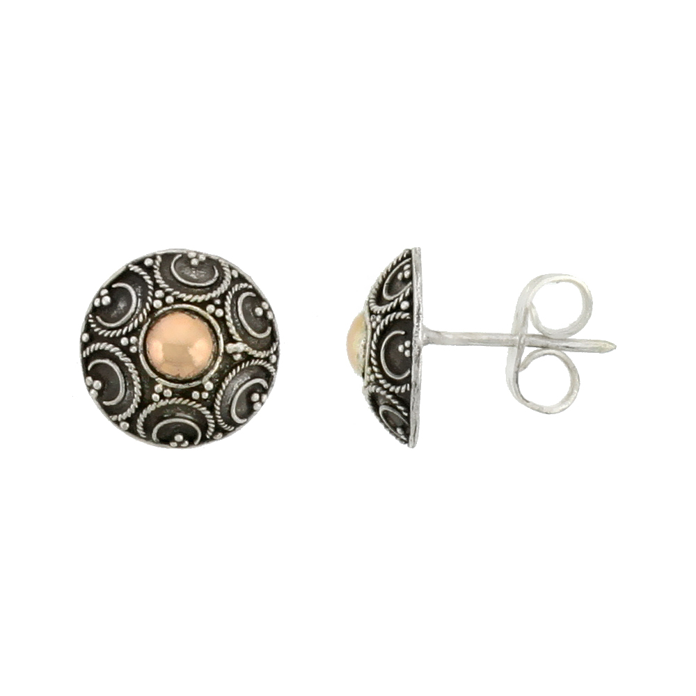 STERLING SILVER STUD EARRINGS, ACCENTED REAL 18K GOLD, 3/8 INCH TALL