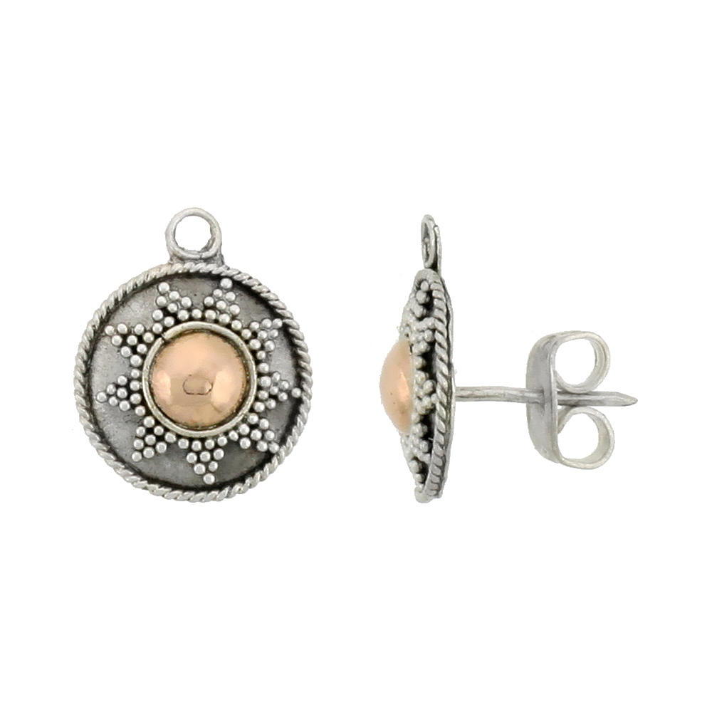 STERLING SILVER SUN STUD EARRINGS, ACCENTED REAL 18K GOLD, 7/16 INCH TALL