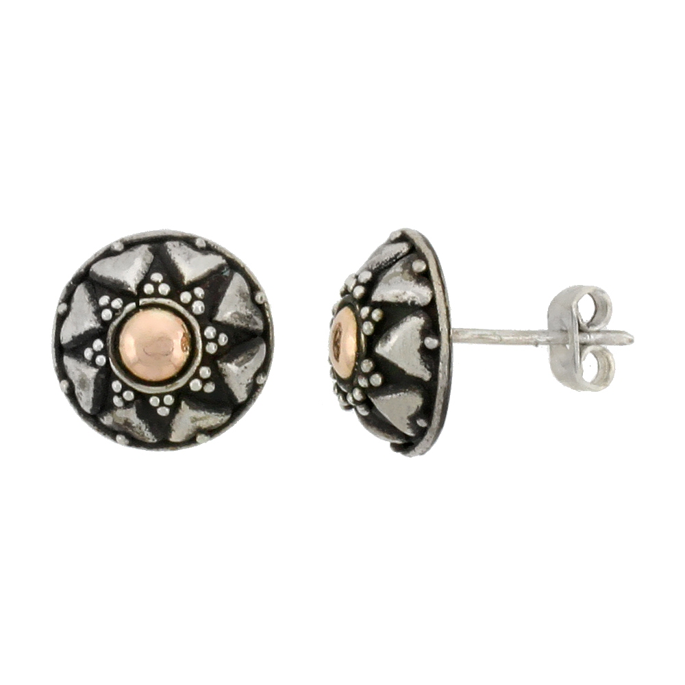 STERLING SILVER STUD EARRINGS, ACCENTED REAL 18K GOLD, 7/16 INCH TALL