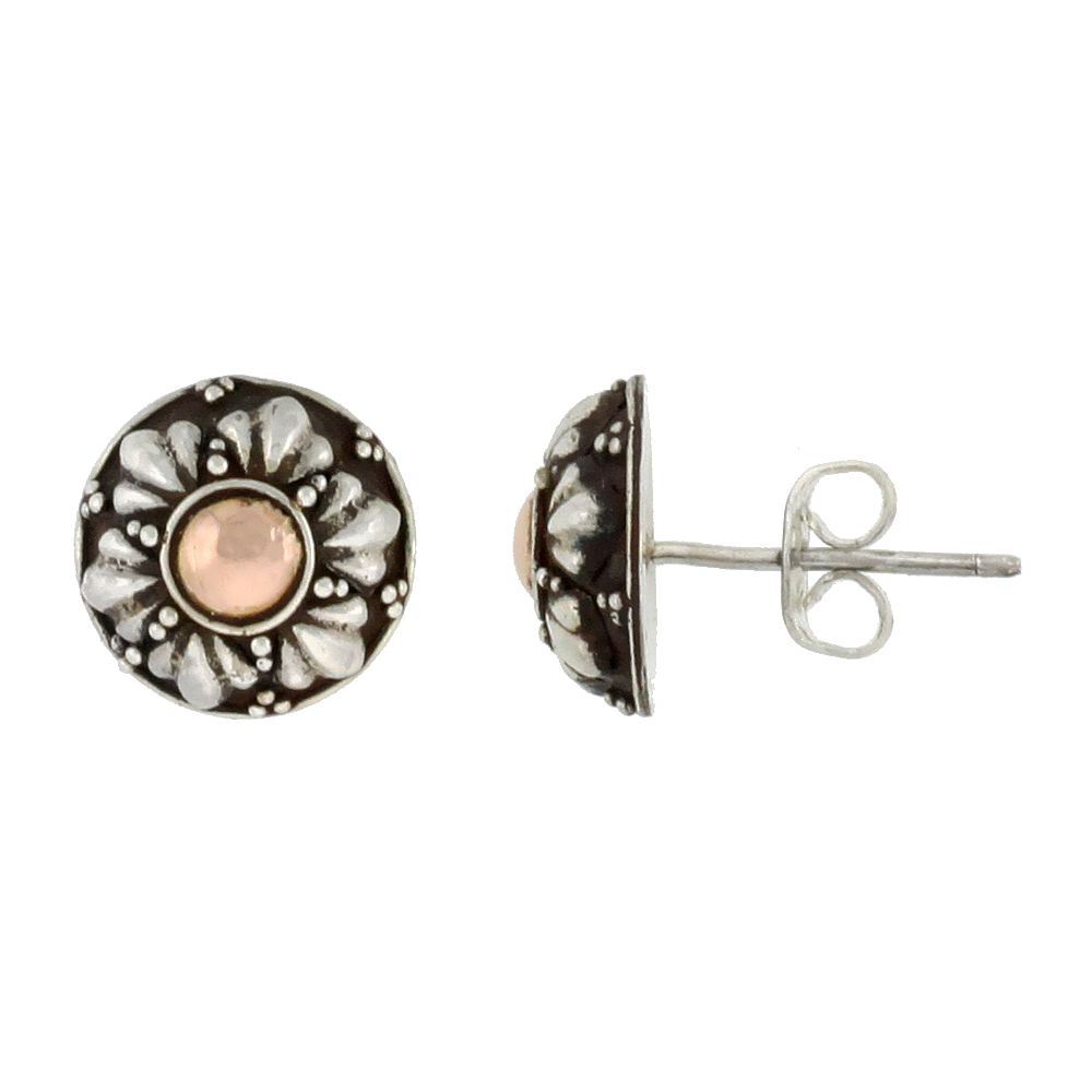 STERLING SILVER FLOWER STUD EARRINGS, ACCENTED REAL 18K GOLD, 7/16 INCH TALL