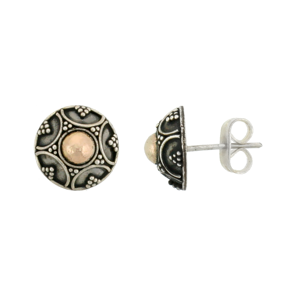 STERLING SILVER STUD EARRINGS, ACCENTED REAL 18K GOLD, 3/8 INCH TALL