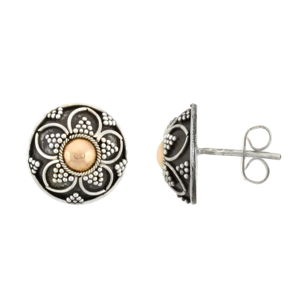 STERLING SILVER FLOWER STUD EARRINGS, ACCENTED REAL 18K GOLD, 7/16 INCH TALL