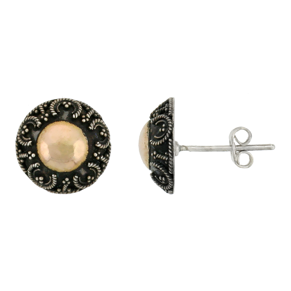 STERLING SILVER FLOWER STUD EARRINGS, ACCENTED REAL 18K GOLD, 1/2 INCH TALL