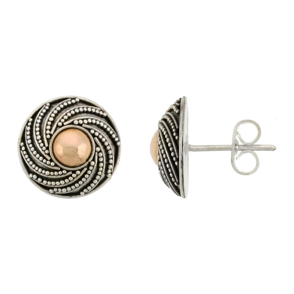 STERLING SILVER STUD EARRINGS, ACCENTED REAL 18K GOLD, 1/2 INCH TALL