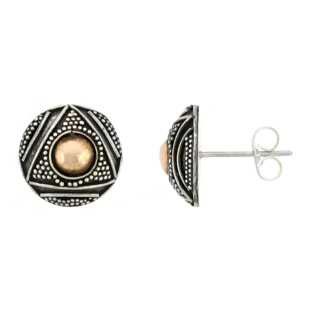 STERLING SILVER STUD EARRINGS, ACCENTED REAL 18K GOLD, 1/2 INCH TALL