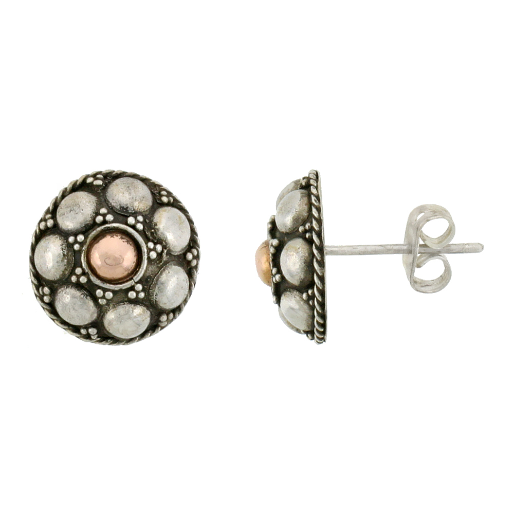 STERLING SILVER FLOWER STUD EARRINGS, ACCENTED REAL 18K GOLD, 1/2 INCH TALL