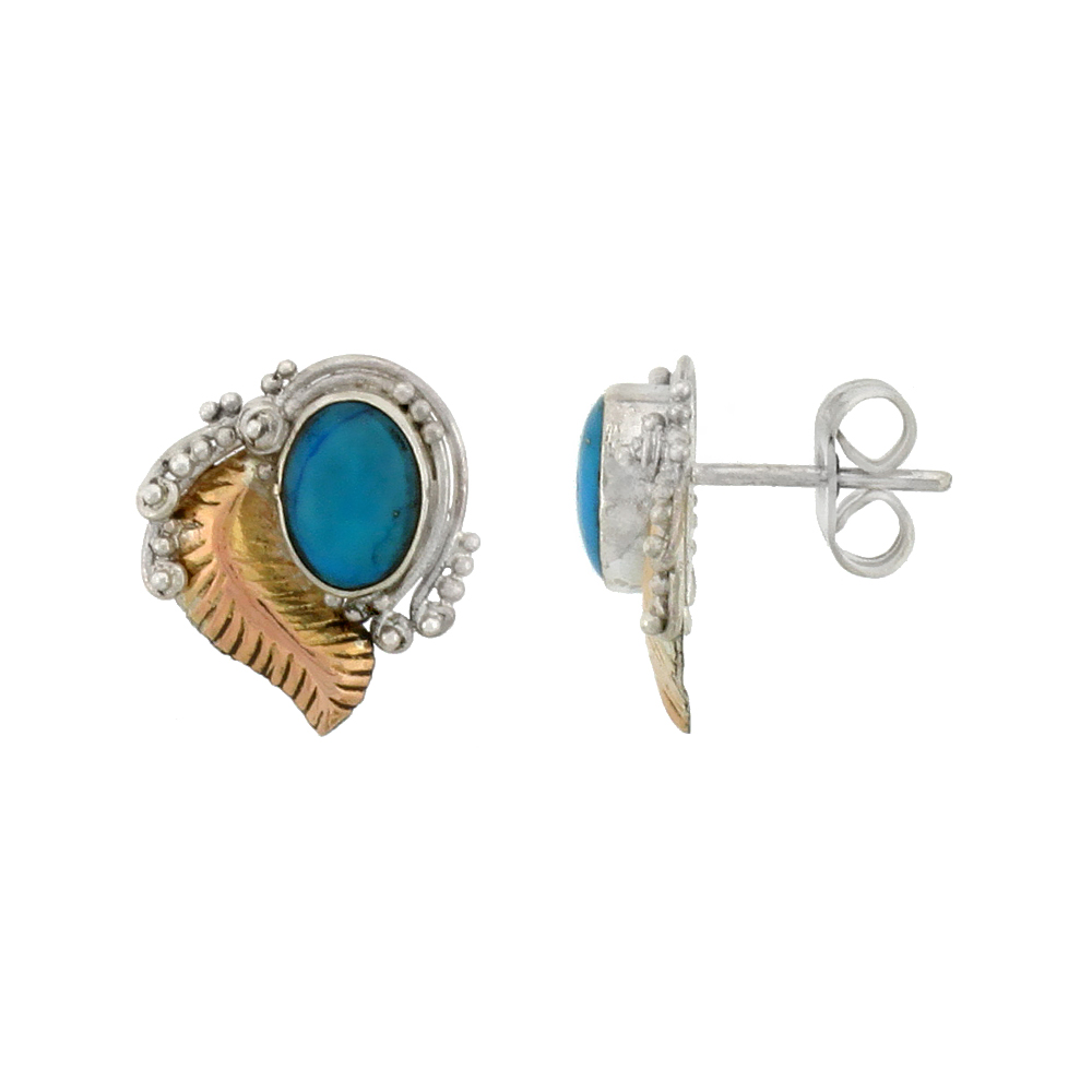 STERLING SILVER STUD EARRINGS, 7 X 5 MM CABOCHON CUT NATURAL BLUE TURQUOISE & REAL 18K GOLD LEAF ACCENT, 1/2 INCH TALL