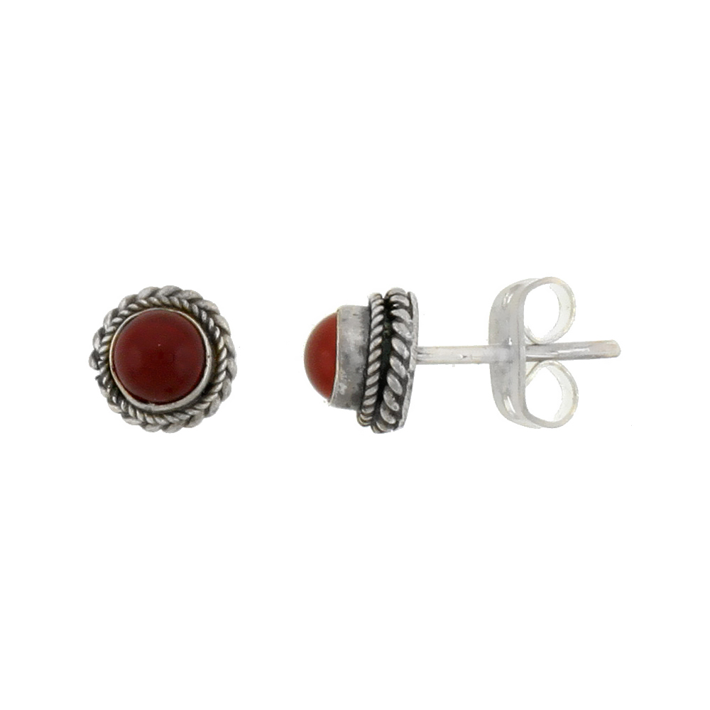 STERLING SILVER STUD EARRINGS, ROPE DESIGNS & 4MM CABOCHON CUT NATURAL CARNELIAN STONE, 1/4 INCH TALL
