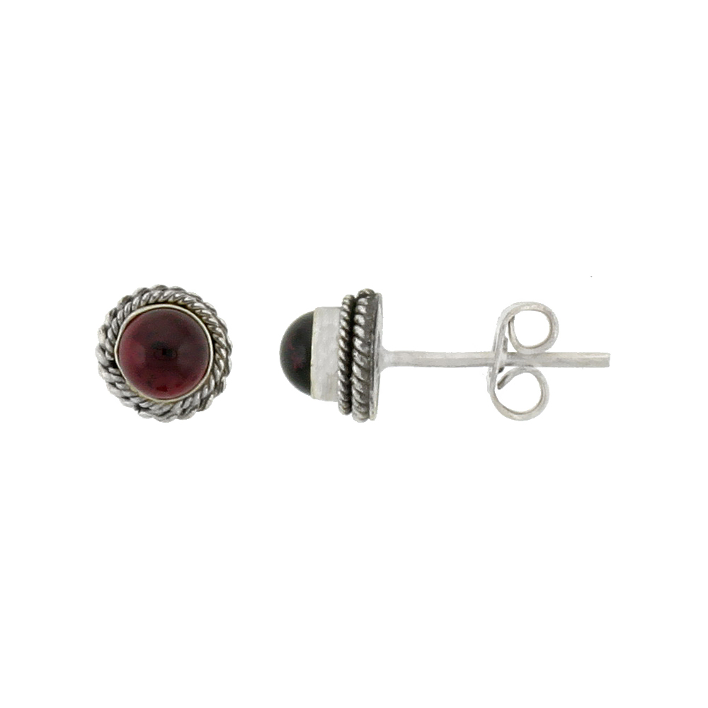 STERLING SILVER STUD EARRINGS, ROPE DESIGNS & 4MM CABOCHON CUT NATURAL GARNET STONE, 1/4 INCH TALL