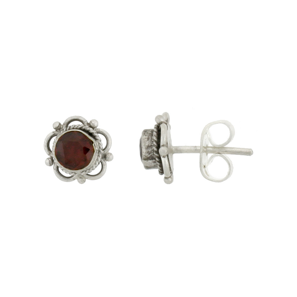 STERLING SILVER FLOWER STUD EARRINGS, BRILLIANT CUT 4MM NATURAL GARNET STONE, 1/4 INCH TALL