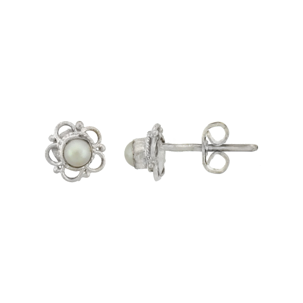 STERLING SILVER FLOWER STUD EARRINGS, 3MM FRESH WATER PEARL, 1/4 INCH TALL