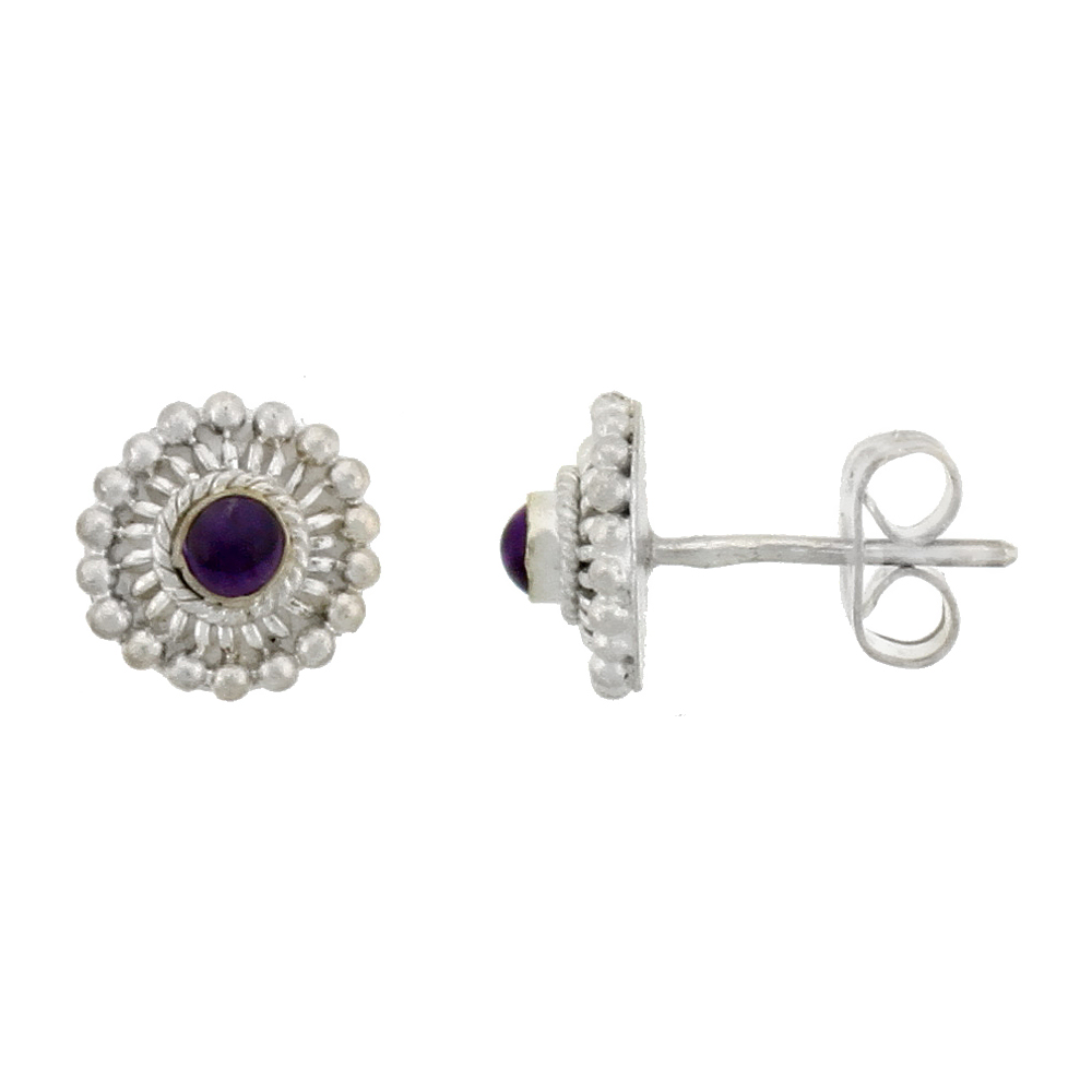STERLING SILVER FLOWER STUD EARRINGS, 3MM CABOCHON CUT NATURAL AMETHYST STONE, 3/8 INCH TALL