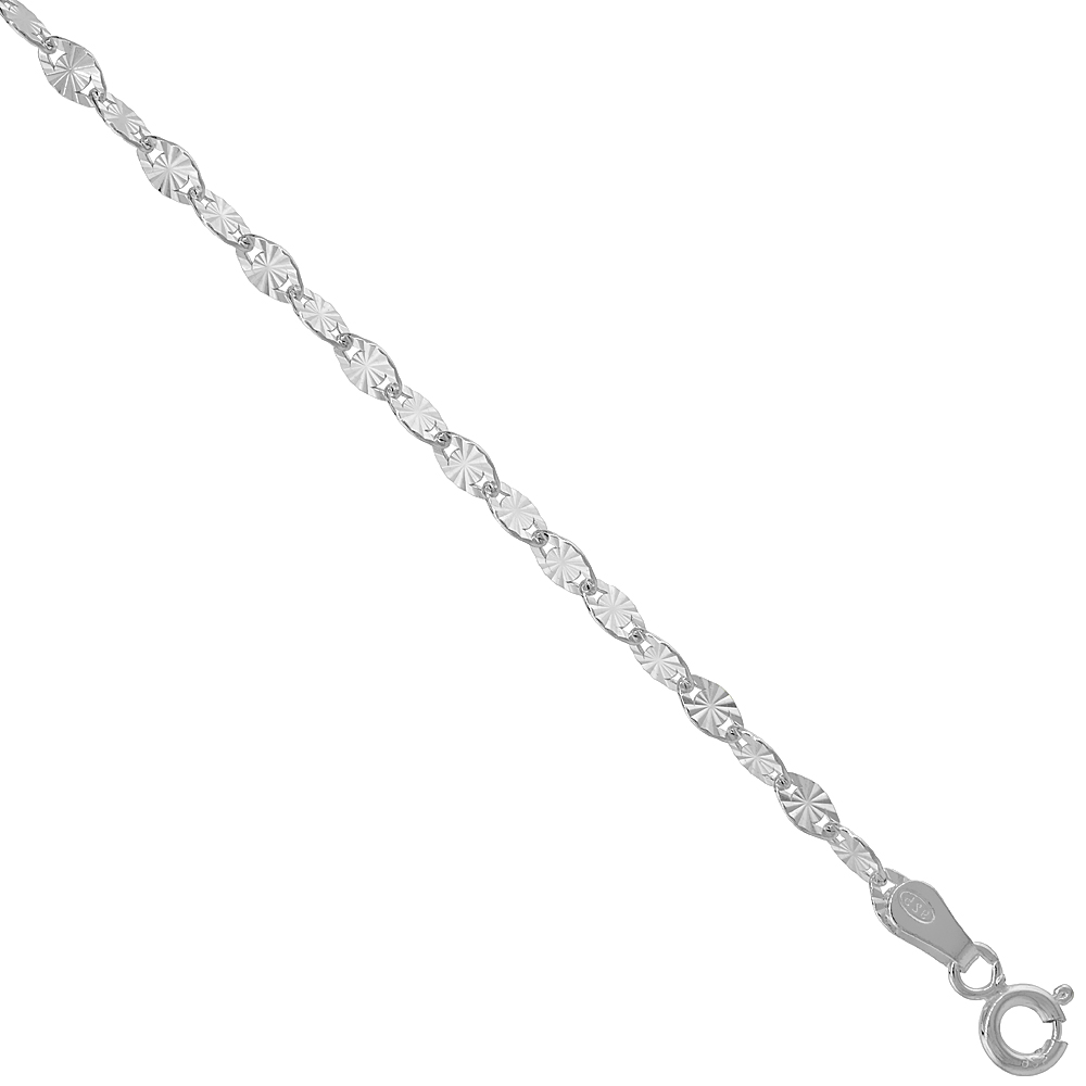 Sterling Silver Diamond Cut Flat Link Anchor Chain 3 mm Thin Nickel Free Italy, sizes 16 & 18 inch