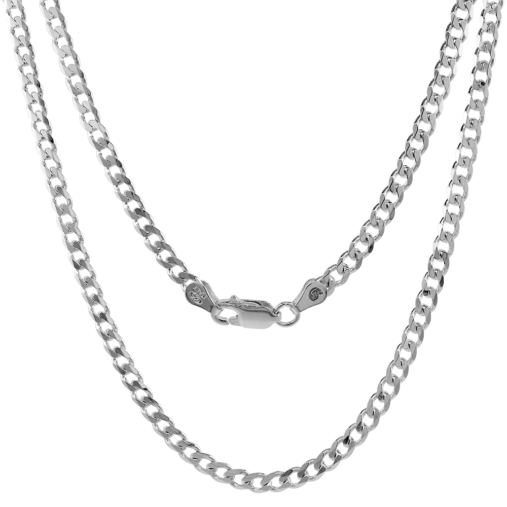 STERLING SILVER 4MM CURB CUBAN LINK CHAIN NECKLACES AND BRACELETS FOR MEN AND WOMEN BEVELED EDGES NICKEL FREE ITALY 7-30 INCH