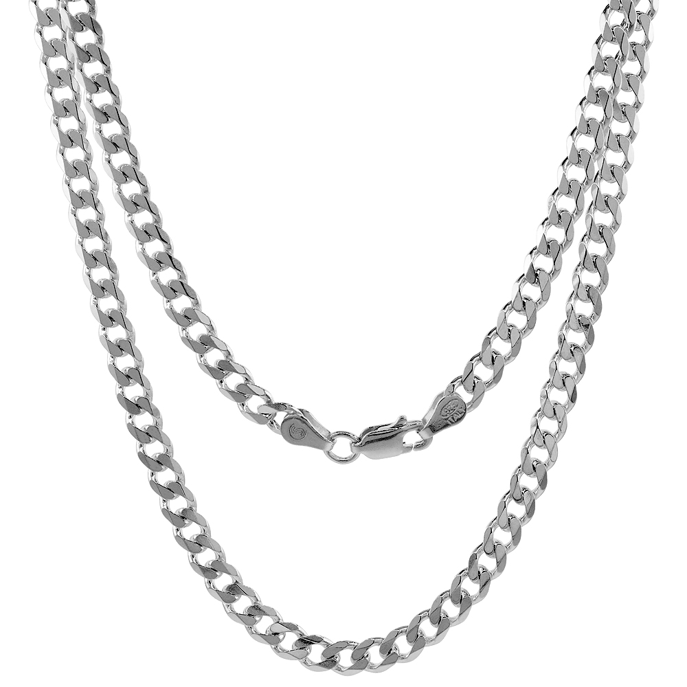 STERLING SILVER 4.5MM CURB CUBAN LINK CHAIN NECKLACES AND BRACELETS FOR MEN AND WOMEN BEVELED EDGES NICKEL FREE ITALY 7-40 INCH