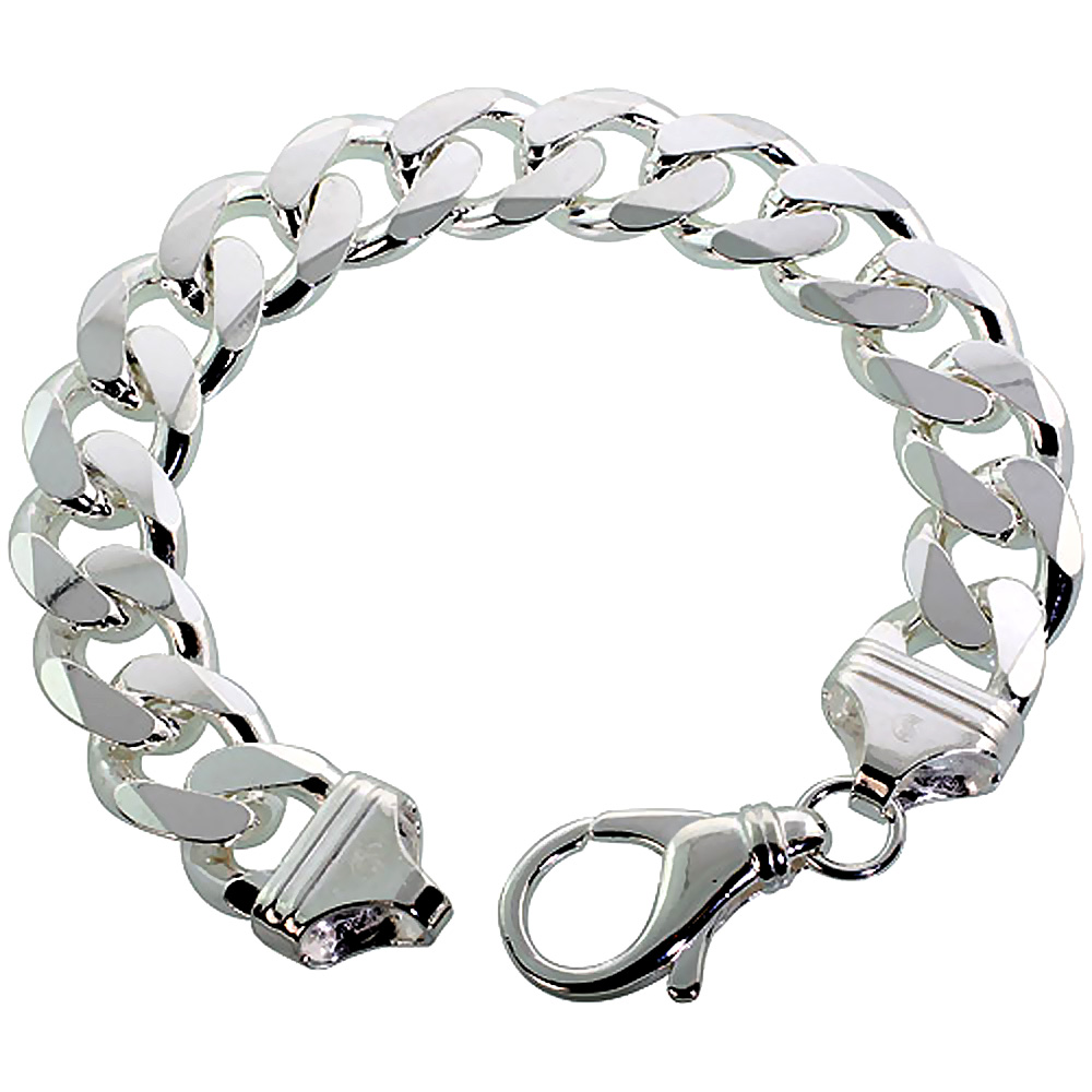 Sterling Silver Thick Curb Cuban Link Chain Necklaces & Bracelets 14.3mm Beveled Nickel Free Italy, 8-30