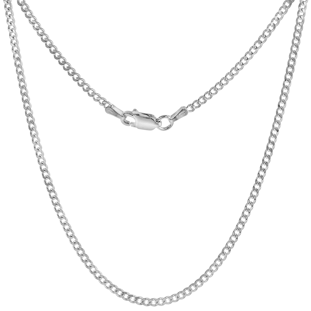 THIN STERLING SILVER 2MM CURB LINK CHAIN NECKLACE FOR WOMEN AND MEN NICKEL FREE ITALY 16-30 INCH