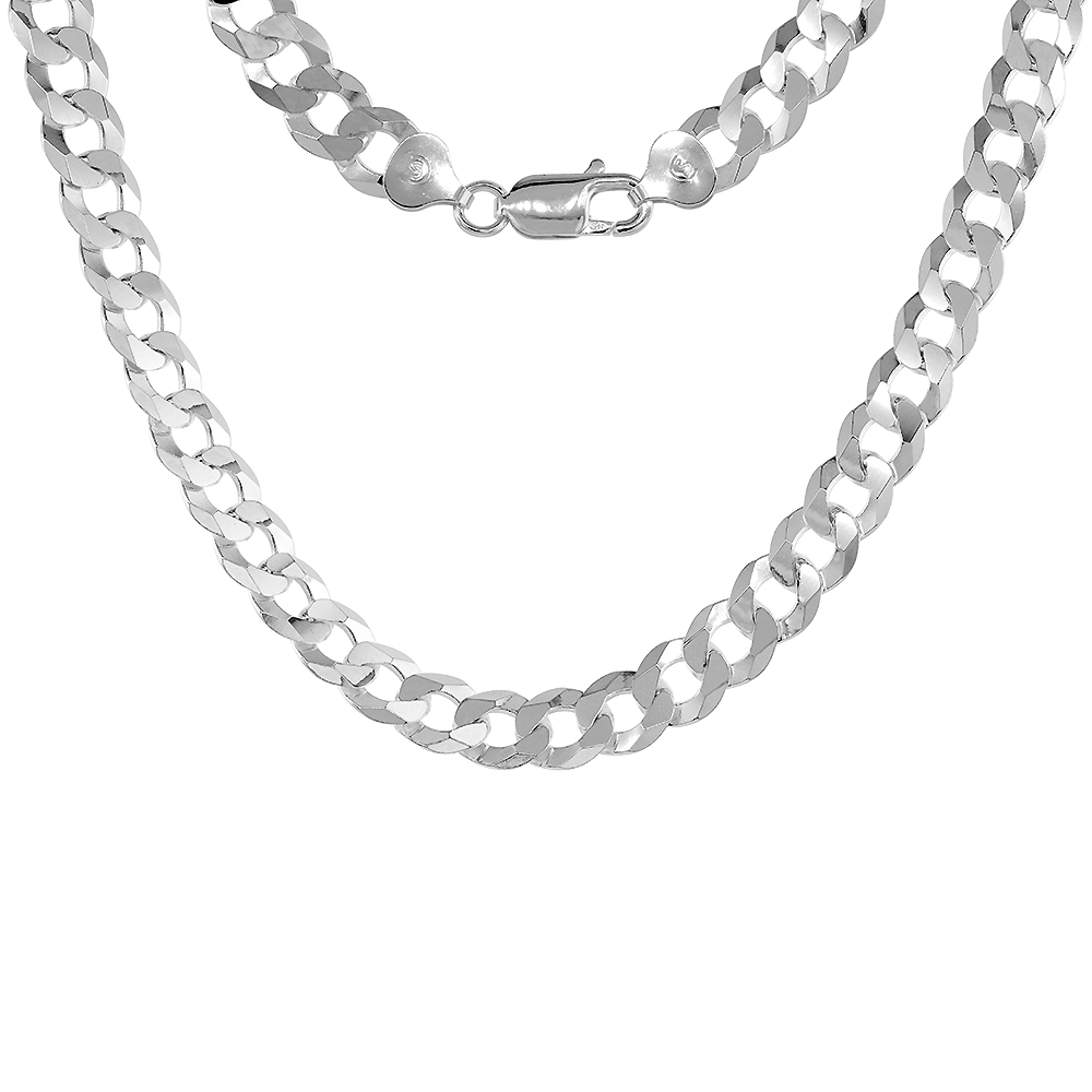 8mm Sterling Silver Flat Curb Chain Necklaces & Bracelets for Men Beveled Edges Nickel Free Italy sizes 8-28 inch