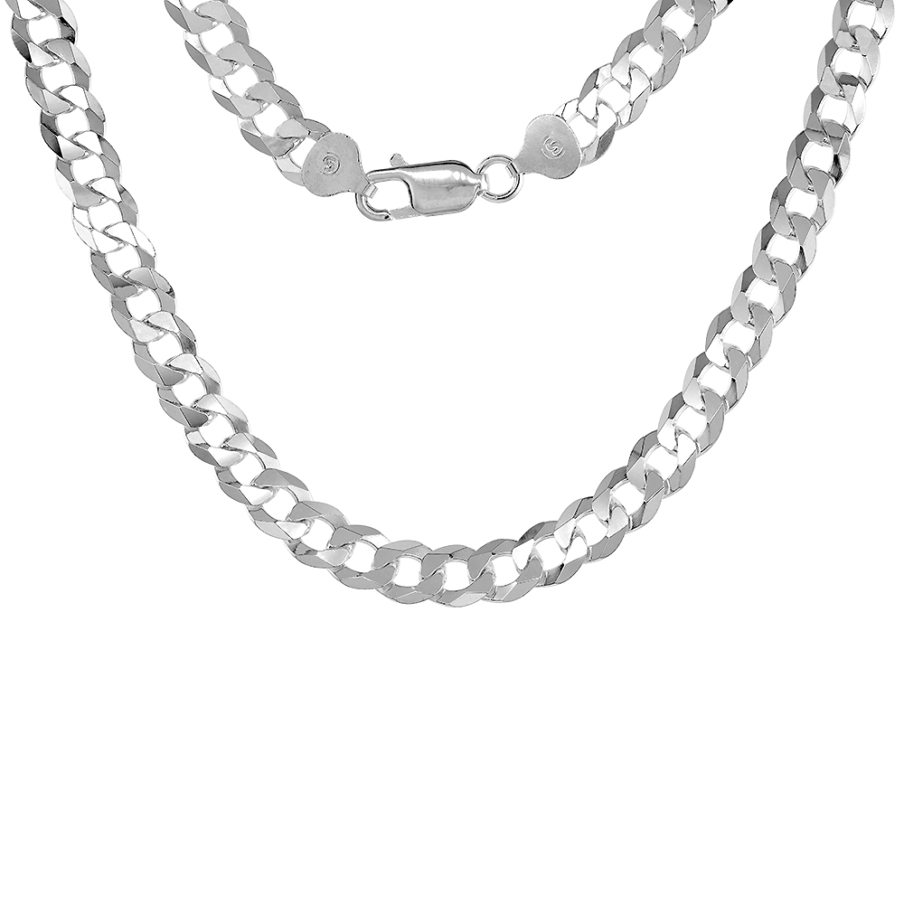 9mm Sterling Silver Flat Curb Chain Necklaces & Bracelets for Men Beveled Edges Nickel Free Italy sizes 8-28 inch