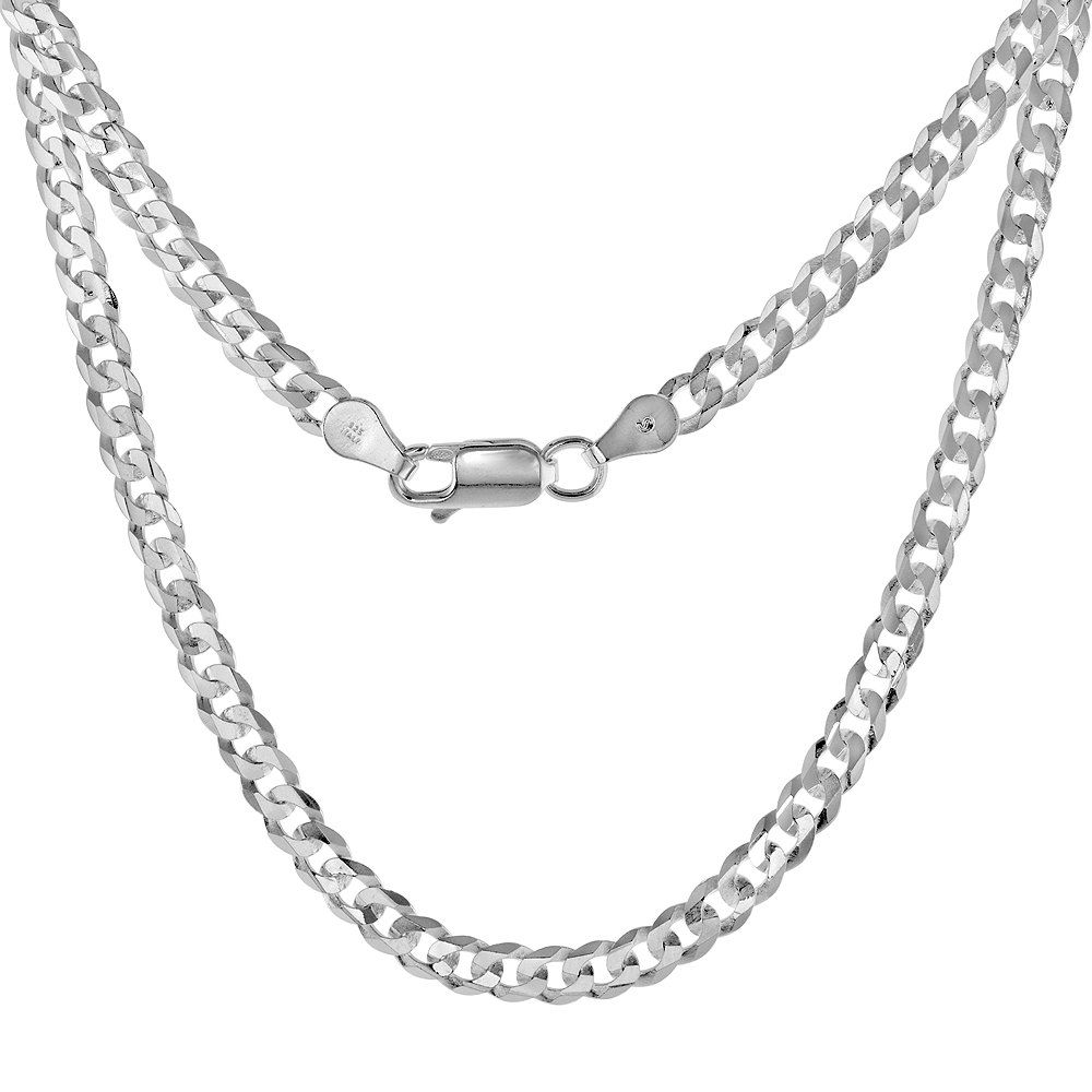 STERLING SILVER 4MM FLAT CURB CUBAN CHAIN NECKLACES AND BRACELETS FOR MEN AND WOMEN BEVELED EDGES POLISHED FINISH NICKEL FREE ITALY 7-30 INCH